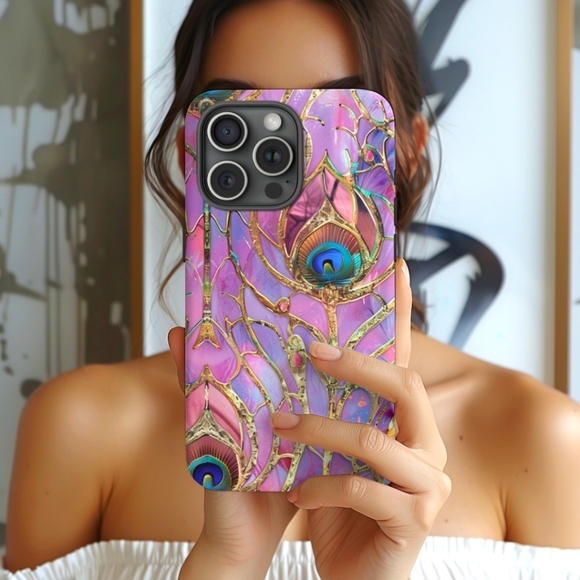 Peacock Feathers Stained Glass IPhone 16,15,14,13 (Pro Max,Pro,Plus) Phone Case - Picture 1 of 4